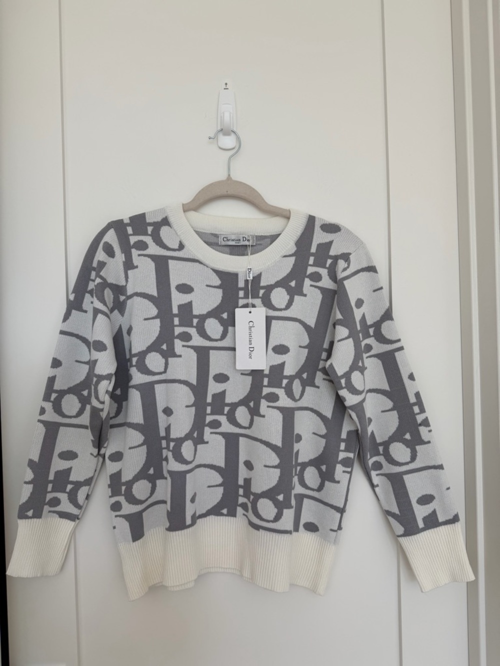 Dior White & Gray Logo Knit Crewneck Sweater